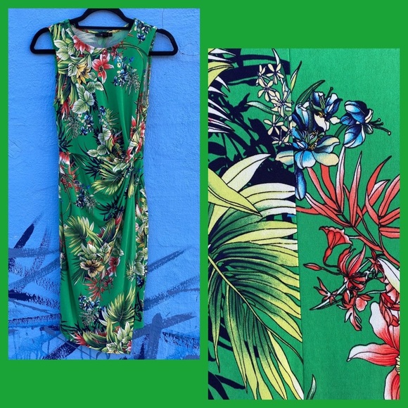 Tropical flower green sleeveless dress side slit size medium - Picture 12 of 12